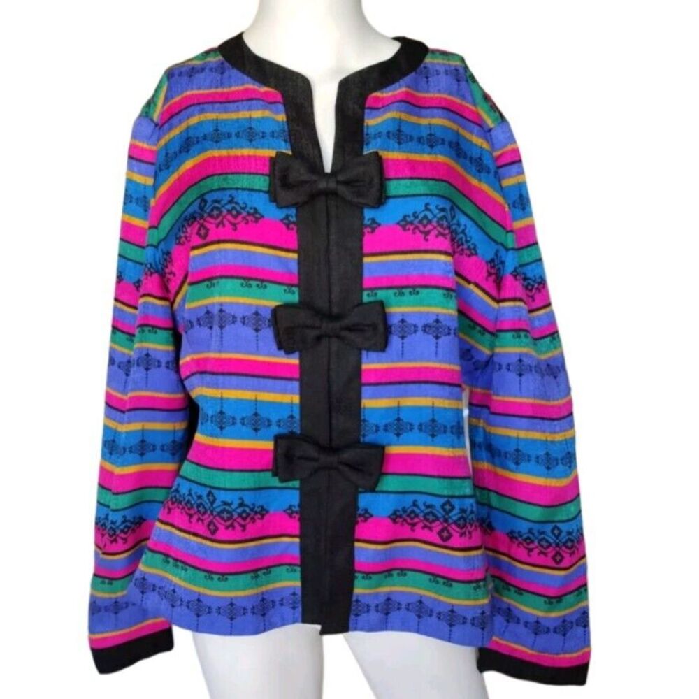 ADRIANNA PAPELL SAFE SILK Jacket Blazer Women 14 Multicolor Stripe Bow 100% Silk